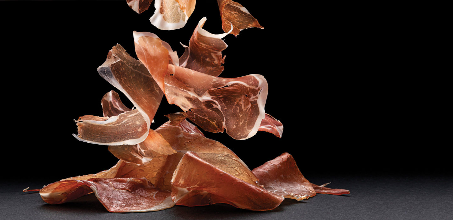 Falling,Jamon,Slices,,Dry,Italian,Prosciutto,,Raw,Pork,Ham,Isolated