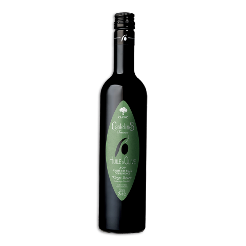 Huile d‘olive Classic AOP Vallée des Baux de Provence Castelas dans une bouteille en verre
