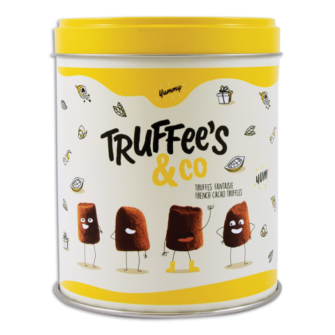 Mathez Schokoladentrüffeln Snacking Truffee's & co in einer gelben Metalldose
