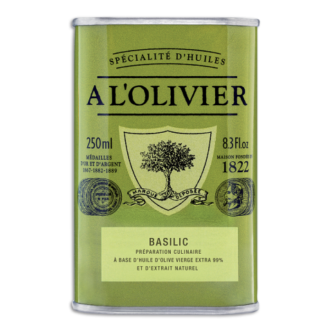 Huile d'olive au basilic à l'extrait naturel de plantes A l'Olivier en bidon
